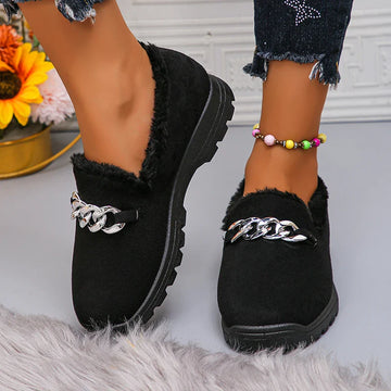 Xajzpa Trend Chain Thick Plush Low Platform Boots Women Winter Wear-Resistant Warm Ankle Boots Female Solid Soft Sole Non Slip Loafers